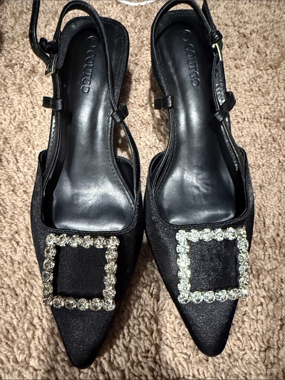 Contigo Black Satin Pointed Slingback Heels with Crystal Buckle Accent
